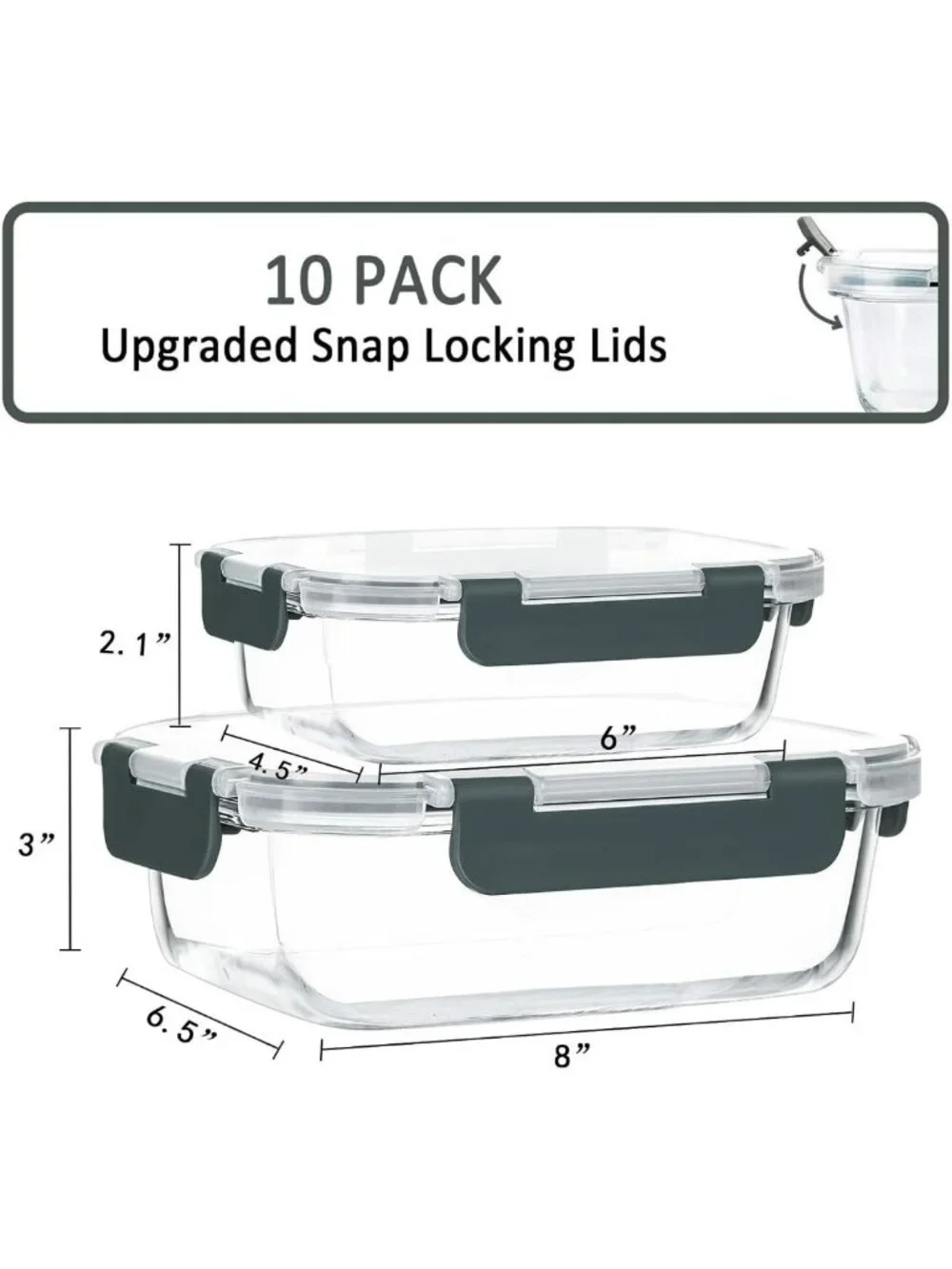 10 Pack Glass Food Storage Containers with Lids - Airtight, BPA-Free, Gray